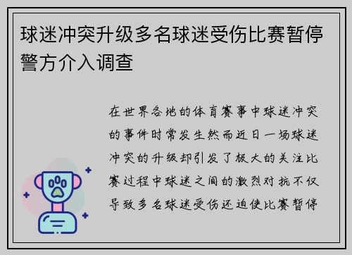 球迷冲突升级多名球迷受伤比赛暂停警方介入调查