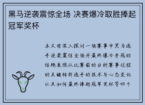黑马逆袭震惊全场 决赛爆冷取胜捧起冠军奖杯